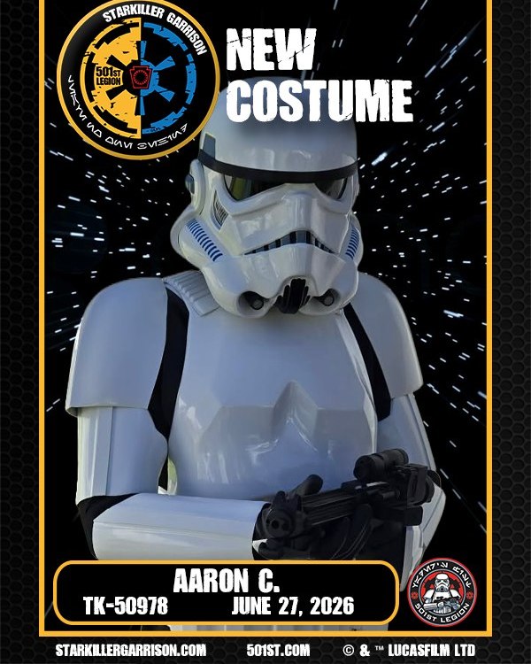 Please Welcome our newest trooper Aaron! 

He will be on patrol soon so keep an eye out for him... Let him know if you find any pesky rebels. #StarkillerGarrison #MTFBWY #trooping #official501st #volunteersmakeadifference #starwars #BadGuysDoingGood #501st #501stlegion