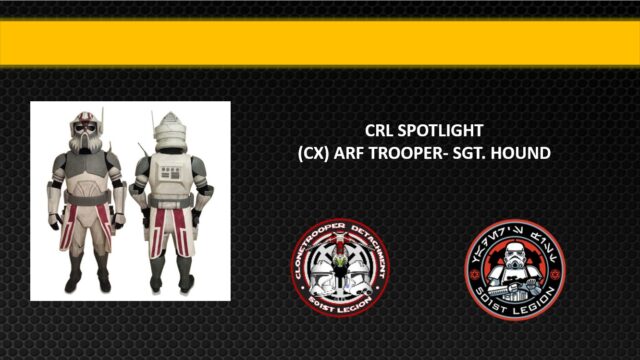 ***** CRL SPOTLIGHT*****

Clone Trooper Detachment 
ARF Trooper- Sgt Hound

 Sgt. Hound a clone apart of the Coruscant Guard and was stationed on the capital. He utilized a massiff named Grizzer, searching the outside of a Republic military base for Ahsoka Tano, a Jedi on the run for being framed in a murder she did not commit. Grizzer brought Hound to the spot where Tano had been hiding but after seeing nothing, he went on with Grizzer to search the area. Hound would later take part in the chase after Tano and nearly corner the fugitive Jedi. 

Interested in building Sgt Hound?
CRL found here: crls.501st.com/ctd/arf-trooper-sgt-hound
More Information: 501stclonetroopers.com 

#StarkillerGarrison #501stLegion #StarWarsFans #CosplayCrew #JoinUs #badguysdoinggood #StarWars #pittsburgh #RebelLegion #BadGirlsDoingGreat #MTFBWY #official501st #volunteersmakeadifference 
Clone Trooper Detachment