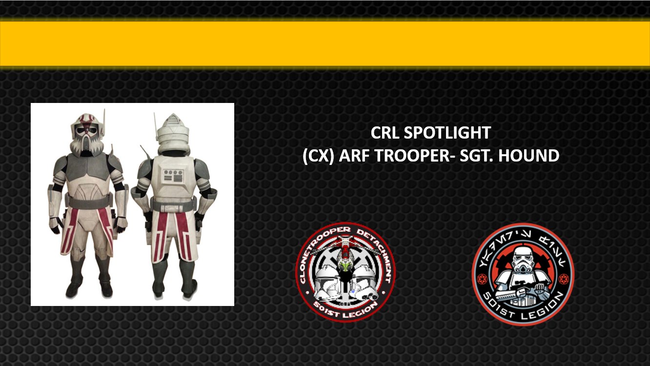 ***** CRL SPOTLIGHT*****

Clone Trooper Detachment 
ARF Trooper- Sgt Hound

 Sgt. Hound a clone apart of the Coruscant Guard and was stationed on the capital. He utilized a massiff named Grizzer, searching the outside of a Republic military base for Ahsoka Tano, a Jedi on the run for being framed in a murder she did not commit. Grizzer brought Hound to the spot where Tano had been hiding but after seeing nothing, he went on with Grizzer to search the area. Hound would later take part in the chase after Tano and nearly corner the fugitive Jedi. 

Interested in building Sgt Hound?
CRL found here: crls.501st.com/ctd/arf-trooper-sgt-hound
More Information: 501stclonetroopers.com 

#StarkillerGarrison #501stLegion #StarWarsFans #CosplayCrew #JoinUs #badguysdoinggood #StarWars #pittsburgh #RebelLegion #BadGirlsDoingGreat #MTFBWY #official501st #volunteersmakeadifference 
Clone Trooper Detachment