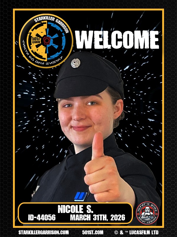 Welcome to Starkiller Garrison!
Join us in welcoming Nicole S. (ID-44056) to the ranks of Imperial Security Officer (Non-Saga). Nicole will be joining us doing tasks on the Death Star. This includes security checkpoints, detention blocks, star destroyer bridges, and production facilities.

Good luck in your position trooper! The Empire is in great hands. 

Imperial Officer Corps 
#StarkillerGarrison #imperialofficercorps  #NewMemberAlert #JoinTheEmpire #StarWarsCostuming #ThisIsTheWay #501stLegion #badguysdoinggood #StarWars #pittsburgh #BadGirlsDoingGreat #MTFBWY #official501st #volunteersmakeadifference #starkillersfall
