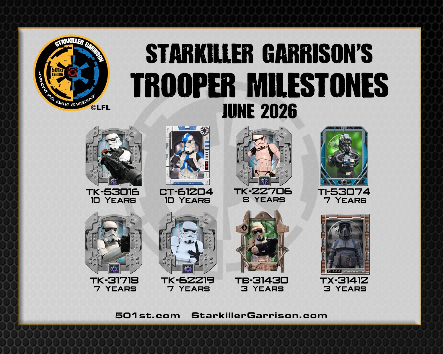***Trooper Milestones***

It's June and Starkiller Garrison is proud to celebrate our Trooper Milestones! 

Every month, members across the Garrison reach new levels of dedication — from first troops to major milestone numbers. Your passion, your armor, and your commitment to giving back make our Garrison strong.

Congratulations to all June troopers hitting milestones this month! Thank you for helping bring the Star Wars galaxy to life across Pennsylvania and beyond.

Interested in joining the ranks or trooping with us?
Send us a message to get started!

#StarkillerGarrison #ImperialServiceReport #501stLegion #TrooperMilestones #ServiceAndHonor #ImperialPride #BadGuysDoingGood #StarWarsCommunity #RebelLegion #BadGirlsDoingGreat #MTFBWY #Official501st #VolunteersMakeADifference #longlivetheempire