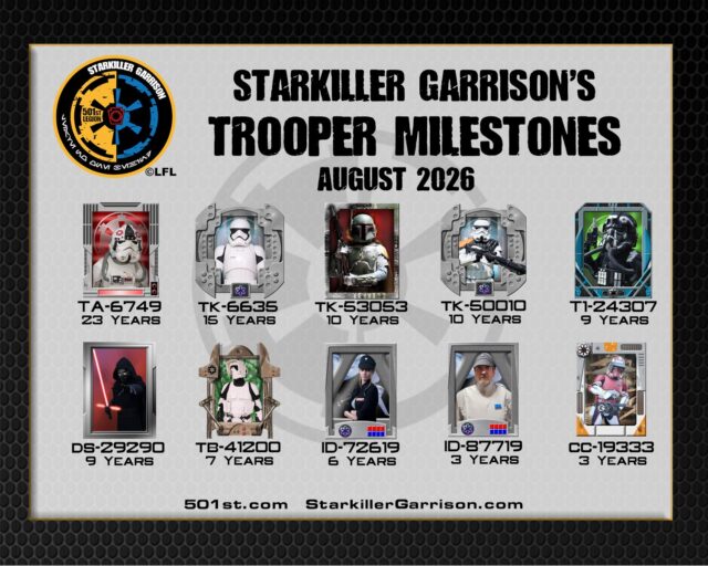 ***Trooper Milestones***

It's the first week of August and StarKiller Garrison would like to congratulate the following troopers for another year with the Empire! Thank you for being the best "bad guys" there are and helping from smiles to others across Pennsylvania and beyond!

Wanna join our ranks and do what we do? Send us a message to get started!

#StarkillerGarrison #BadGuysDoingGood #BadGirlsDoingGreat #trooping #MTFBWY #official501st #volunteersmakeadifference #starwars #troopermilestone