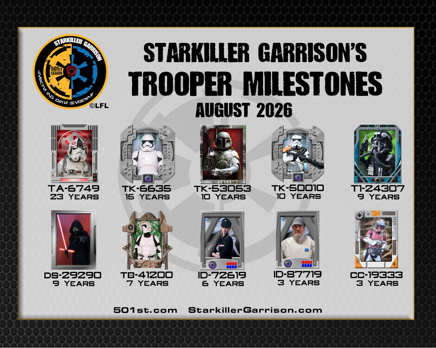 ***Trooper Milestones***

It's the first week of August and StarKiller Garrison would like to congratulate the following troopers for another year with the Empire! Thank you for being the best "bad guys" there are and helping from smiles to others across Pennsylvania and beyond!

Wanna join our ranks and do what we do? Send us a message to get started!

#StarkillerGarrison #BadGuysDoingGood #BadGirlsDoingGreat #trooping #MTFBWY #official501st #volunteersmakeadifference #starwars #troopermilestone