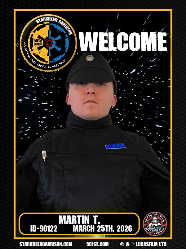 Welcome to Starkiller Garrison!
Join us in welcoming Martin T. (ID-90122) to the ranks as the Empires new Imperial Security Officer (Non-Saga). We are happy to have Martin to help us up keep security on the Death Star. 

We Can't wait to see you out trooping! 
Imperial Officer Corps 
#StarkillerGarrison #ImperialOfficer  #NewMemberAlert #JoinTheEmpire #StarWarsCostuming #ThisIsTheWay #501stLegion #badguysdoinggood #StarWars #pittsburgh #BadGirlsDoingGreat #MTFBWY #official501st #volunteersmakeadifference #starkillersfall #deathstartroopers