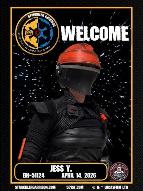 Welcome to Starkiller Garrison!
Join us in welcoming Jess Y. (BH-51124) to the ranks as the powerful and gun for hire, Fennec Shand. Boba awaits you on Tatooine for your service. 

Happy bounty hunting Jess!
501st Bounty Hunters Guild 
#StarkillerGarrison #bookofbobafett  #NewMemberAlert #JoinTheEmpire #StarWarsCostuming #ThisIsTheWay #501stLegion #badguysdoinggood #StarWars #pittsburgh #BadGirlsDoingGreat #MTFBWY #official501st #volunteersmakeadifference #starkillersfall #bountyhunters #fennecshand