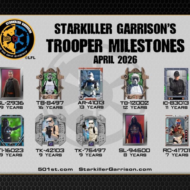 ***Trooper Milestones***

April is here, and Starkiller Garrison is proud to celebrate our Trooper Milestones! 

Every month, members across the Garrison reach new levels of dedication — from first troops to major milestone numbers. Your passion, your armor, and your commitment to giving back make our Garrison strong.

Congratulations to all April troopers hitting milestones this month! Thank you for helping bring the Star Wars galaxy to life across Pennsylvania and beyond.

Interested in joining the ranks or trooping with us?
Send us a message to get started!

#StarkillerGarrison #ImperialServiceReport #501stLegion #TrooperMilestones #ServiceAndHonor #ImperialPride #BadGuysDoingGood #StarWarsCommunity #RebelLegion #BadGirlsDoingGreat #MTFBWY #Official501st #VolunteersMakeADifference #longlivetheempire