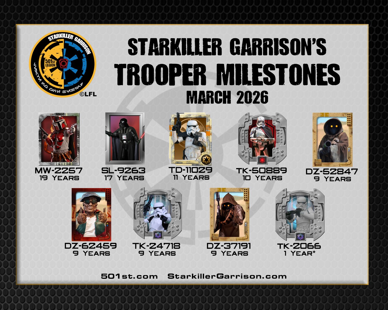 ***Trooper Milestones***

March is here, and Starkiller Garrison is proud to celebrate our Trooper Milestones! 

Every month, members across the Garrison reach new levels of dedication — from first troops to major milestone numbers. Your passion, your armor, and your commitment to giving back make our Garrison strong.

Congratulations to all March troopers hitting milestones this month! Thank you for helping bring the Star Wars galaxy to life across Pennsylvania and beyond.

Interested in joining the ranks or trooping with us?
Send us a message to get started!

#StarkillerGarrison #ImperialServiceReport #501stLegion #TrooperMilestones #ServiceAndHonor #ImperialPride #BadGuysDoingGood #StarWarsCommunity #RebelLegion #BadGirlsDoingGreat #MTFBWY #Official501st #VolunteersMakeADifference #longlivetheempire