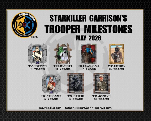 ***Trooper Milestones***

May is here, and Starkiller Garrison is proud to celebrate our Trooper Milestones! 

Every month, members across the Garrison reach new levels of dedication — from first troops to major milestone numbers. Your passion, your armor, and your commitment to giving back make our Garrison strong.

Congratulations to all May troopers hitting milestones this month! Thank you for helping bring the Star Wars galaxy to life across Pennsylvania and beyond.

Interested in joining the ranks or trooping with us?
Send us a message to get started!

#StarkillerGarrison #ImperialServiceReport #501stLegion #TrooperMilestones #ServiceAndHonor #ImperialPride #BadGuysDoingGood #StarWarsCommunity #RebelLegion #BadGirlsDoingGreat #MTFBWY #Official501st #VolunteersMakeADifference #longlivetheempire